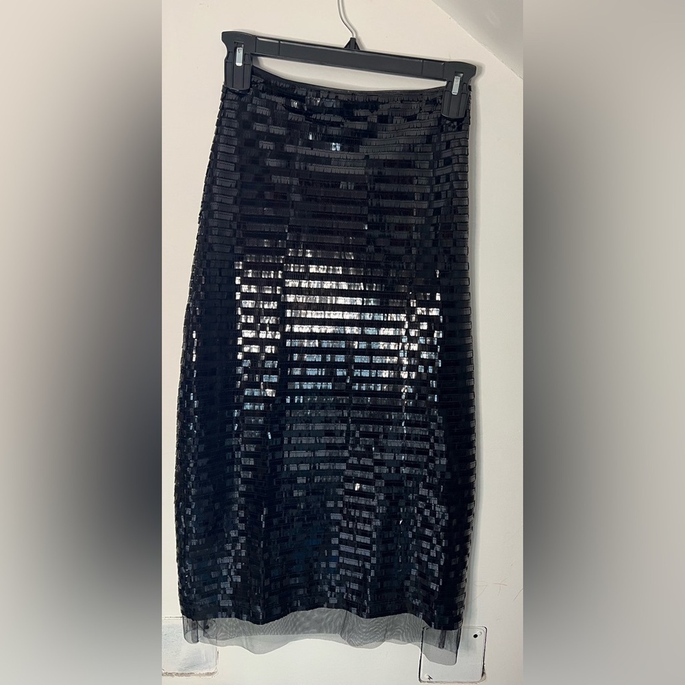 🏷️ Le AL.X Black Sequin Knit High Rise Sheath Slip Midi Skirt Size 0 NWT